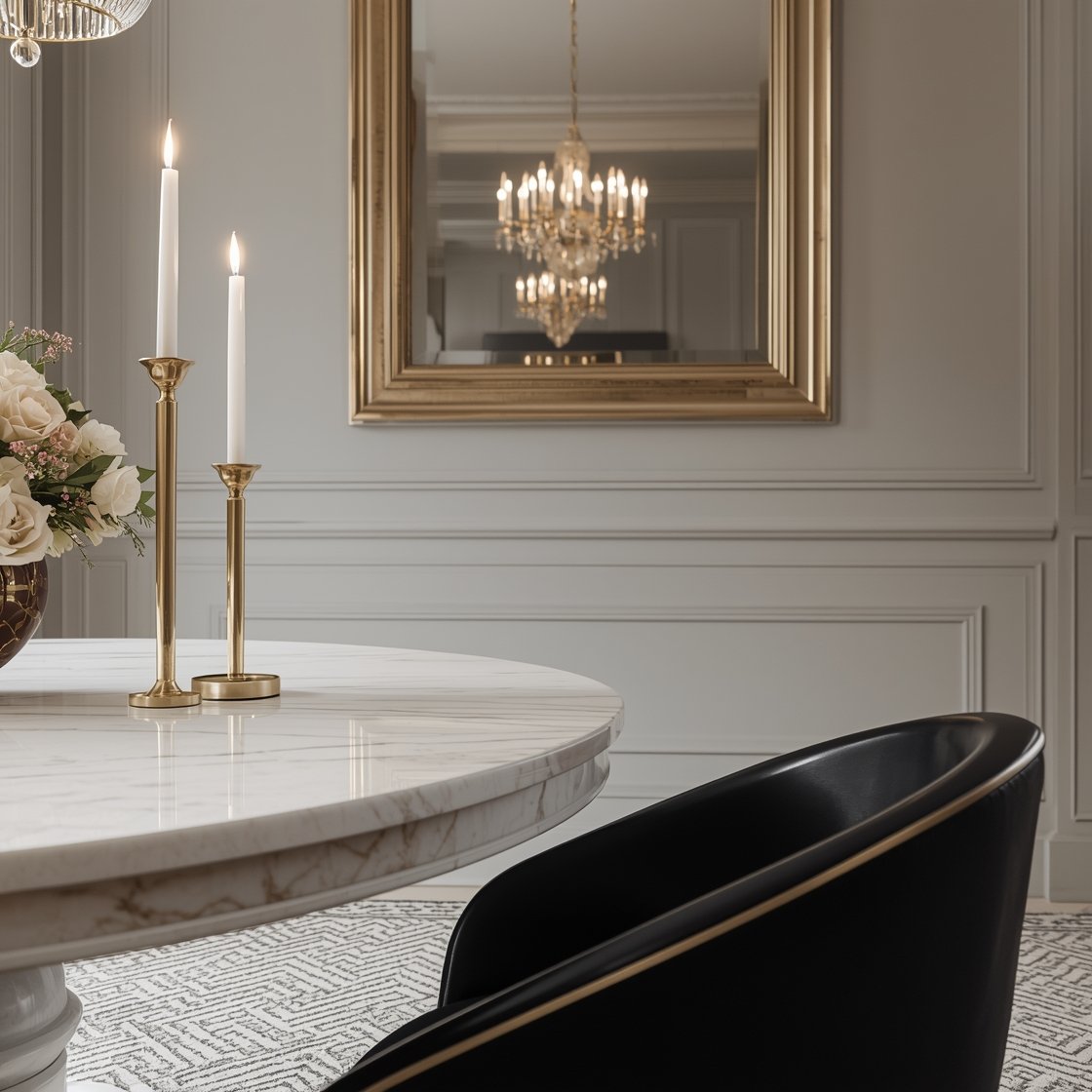 Detailed closeup from table height, Parisian Classic with Edge: marble-topped pedestal table surface with tall brass taper candleholders lit softly; a single oversized floral arrangement (peonies) in a refined vase; glimpse of pale gray walls with slim molding and a fluted glass chandelier sparkling overhead out of focus; edge of a black bistro chair curving into frame; herringbone rug texture visible below; gilded mirror reflecting gentle light in the background; subtle glam, old-world meets modern, photorealistic, no people.