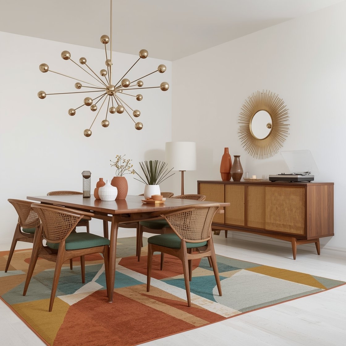 Medium shot focused on furnishings, Mid-Century Cool with Color: warm walnut dining table with sculptural chairs featuring curved backs and tapered legs; bold geometric rug beneath in mustard, teal, and rust dominating the floor; overhead sputnik chandelier (or globe cluster) providing crisp, confident illumination; white walls as a clean backdrop; streamlined credenza with cane doors along one side, topped with a sunburst mirror and a few saturated-hue ceramic vases; a record player perched on the sideboard; photorealistic, no people.