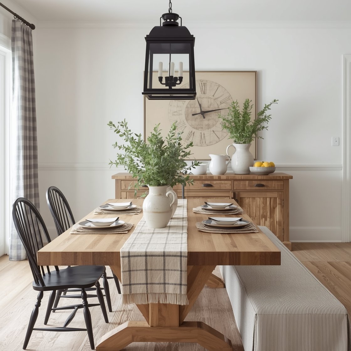 Straight-on wide shot, Rustic Farmhouse with a Fresh Twist: soft white walls and a chunky black lantern pendant centered over a weathered rectangular table; seating mix of black windsor chairs and a cushy striped bench on one side; layered gingham and grain-sack textiles present as napkins/runner; a substantial butcher block sideboard to the rear topped with a line of white pitchers like a still life; fresh eucalyptus in a stoneware jug and a bowl of lemons on the table; oversized clock or barn-style artwork above the sideboard; natural woods, crisp edges, bright daylight, photorealistic, no people.