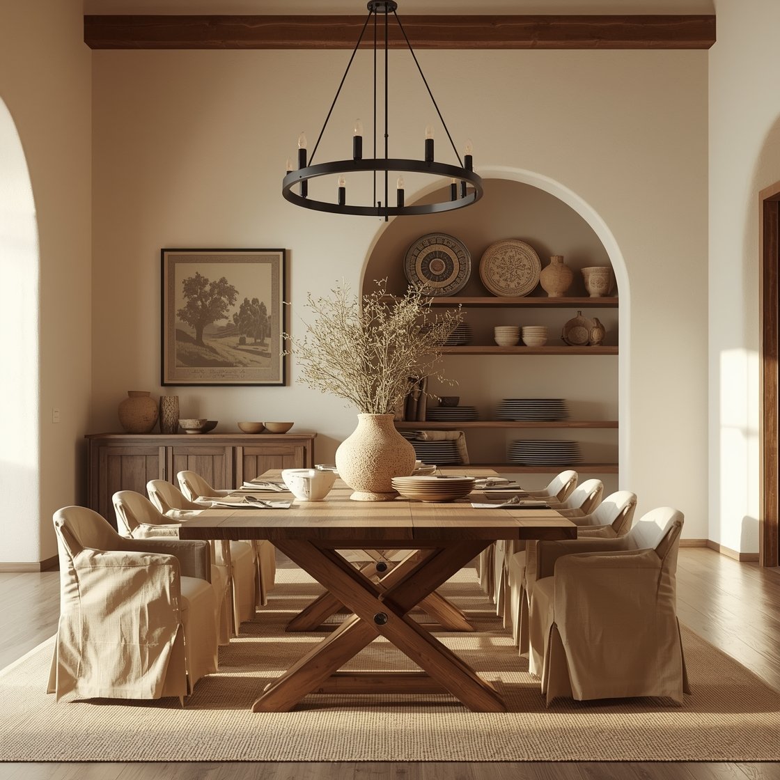 Wide shot, Modern Mediterranean dining room at golden hour: creamy stucco walls with soft, diffused sunlight; solid oak trestle table centered under a matte black iron chandelier; linen slipcovered chairs around the table; warm palette of terracotta, sand, and olive accents; a large jute/sisal rug grounding the scene; thin black-framed vintage landscape art on the walls; rustic urn with a tall olive branch arrangement as the focal centerpiece; open shelves in the background with patterned ceramic plates neatly stacked; photorealistic, warm, sun-baked ambiance, no people.